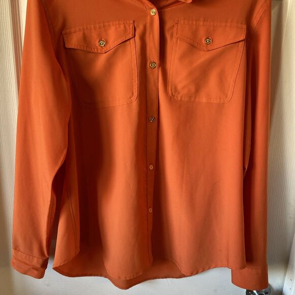 Chaps Women’s Size Large Orange Gold Button Up Shirt 2 Pocket - Picture 4 of 10